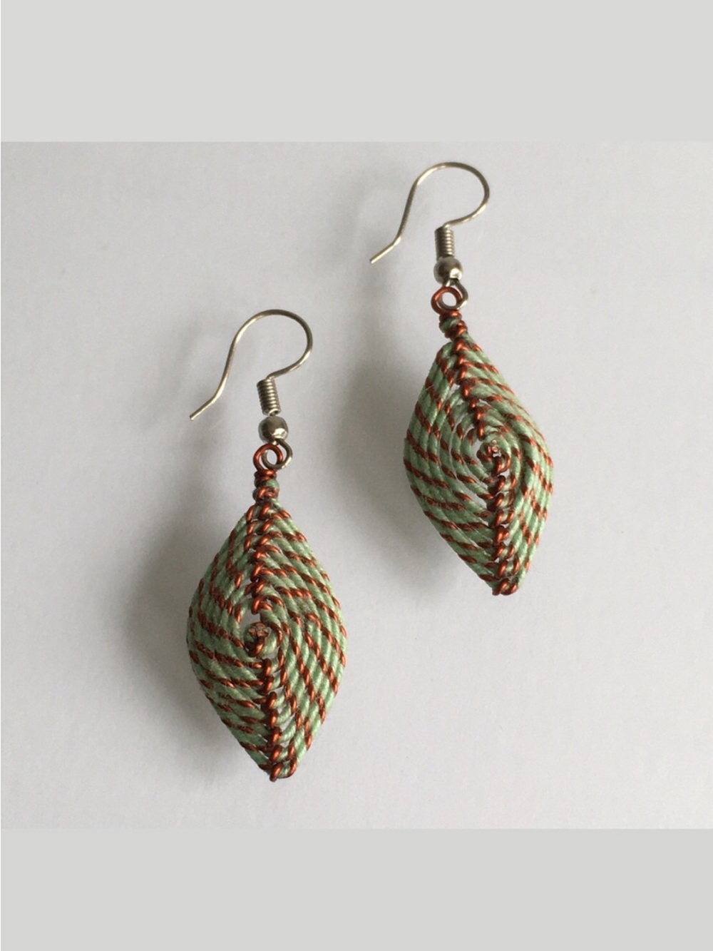 2” Handcrafted Green and Copper Twisted Thread Drop Earrings Boho